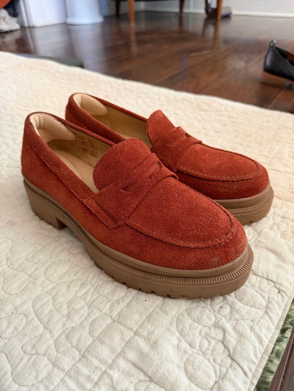 Patina Rust Suede Chunky Lug Sole Penny Loafers Women's 8.5